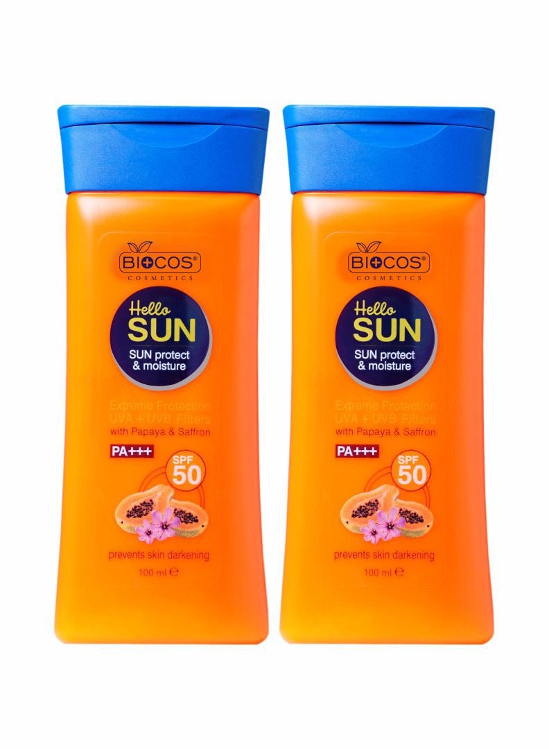 بيوكوس مستحضرات التجميل لوشن واقي من الشمس مع البابايا والزعفران من BIOCOS (عبوة من 2) - SPF 50، ترطيب فائق بحمض الهيالورونيك، إشراقة طبيعية بفيتامين E، حماية واسعة النطاق، مقاوم للماء، 100 مل - مناسب لجميع أنواع البشرة - Image 1